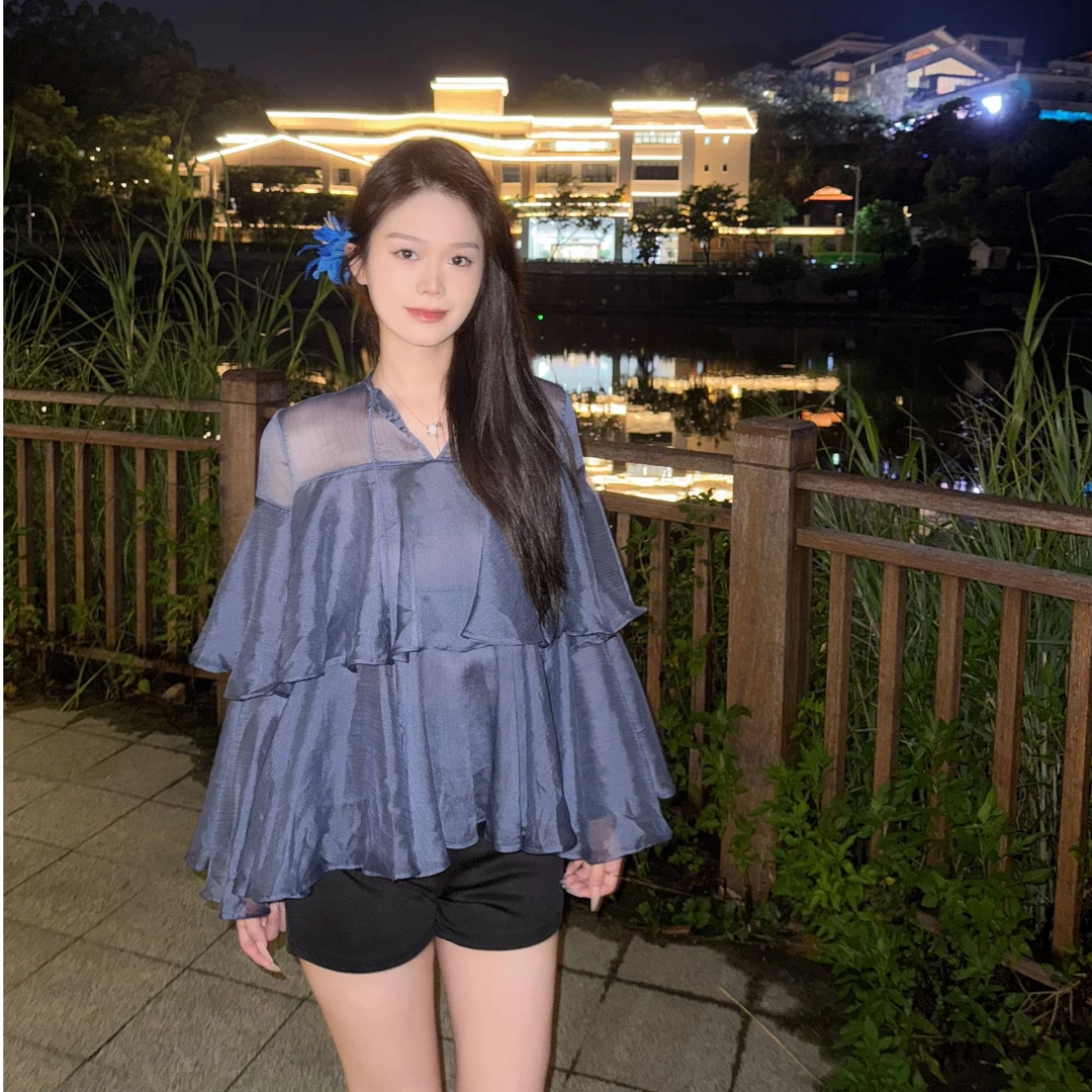 防晒常规荷叶袖宽松型通勤衬衫时尚荷叶边宽松甜辣风