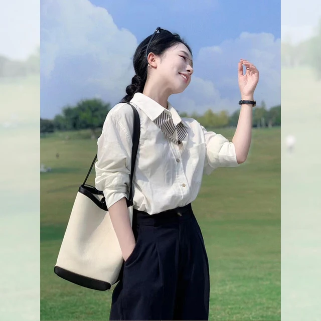 法式短款白色polo领长袖衬衫女春秋季外搭高级感宽松衬衣开衫上衣