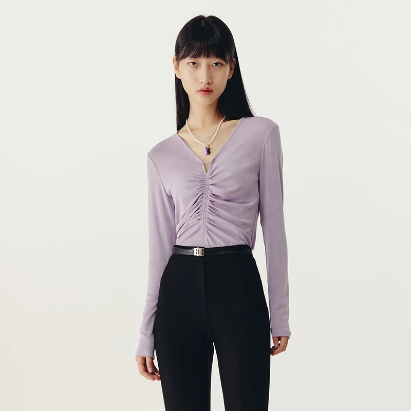 HPLY荷比新款女V型领口拼接褶皱上衣HMD11610206