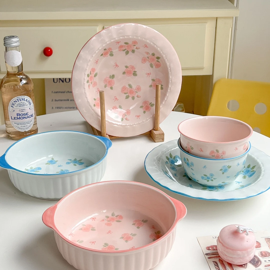 釉下彩玫瑰碎花陶瓷饭碗草帽盘少女心双儿碗小清新简约餐具餐盘碗