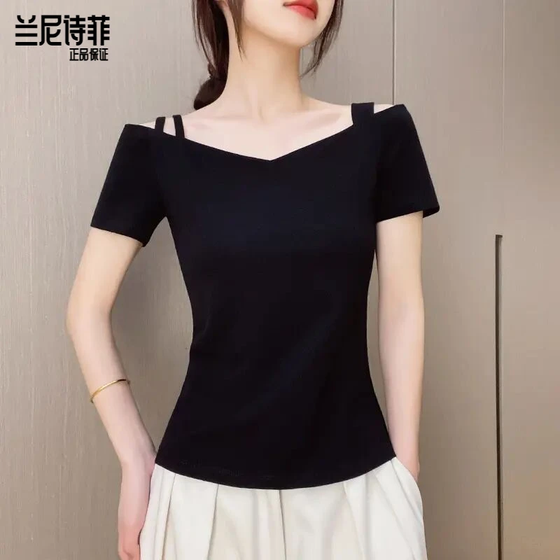 兰尼诗菲黑色纯棉一字肩V领百搭短袖T恤女打底衫修身显瘦性感上衣