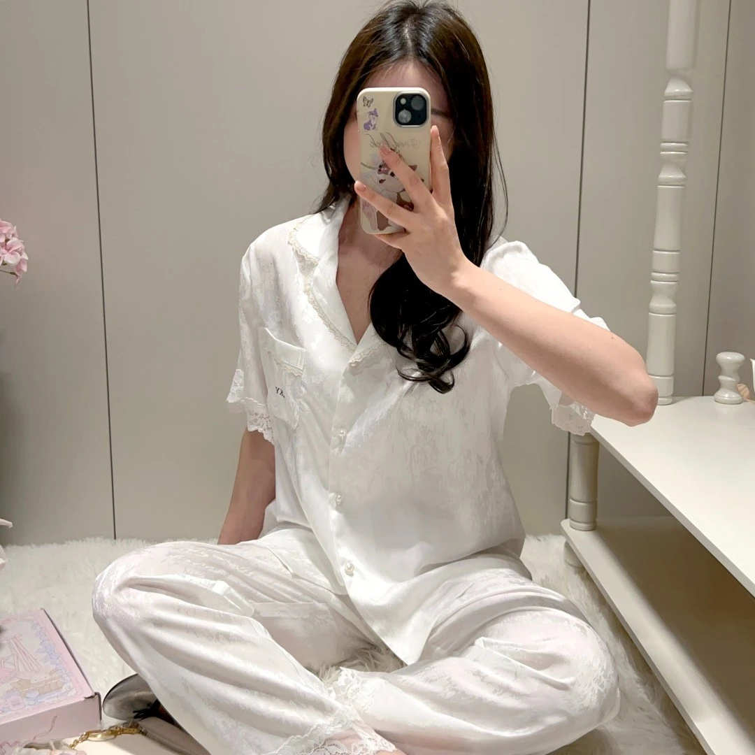 冰丝睡衣女夏季新款短袖长裤两件套装春秋薄款大码甜美印花家居服