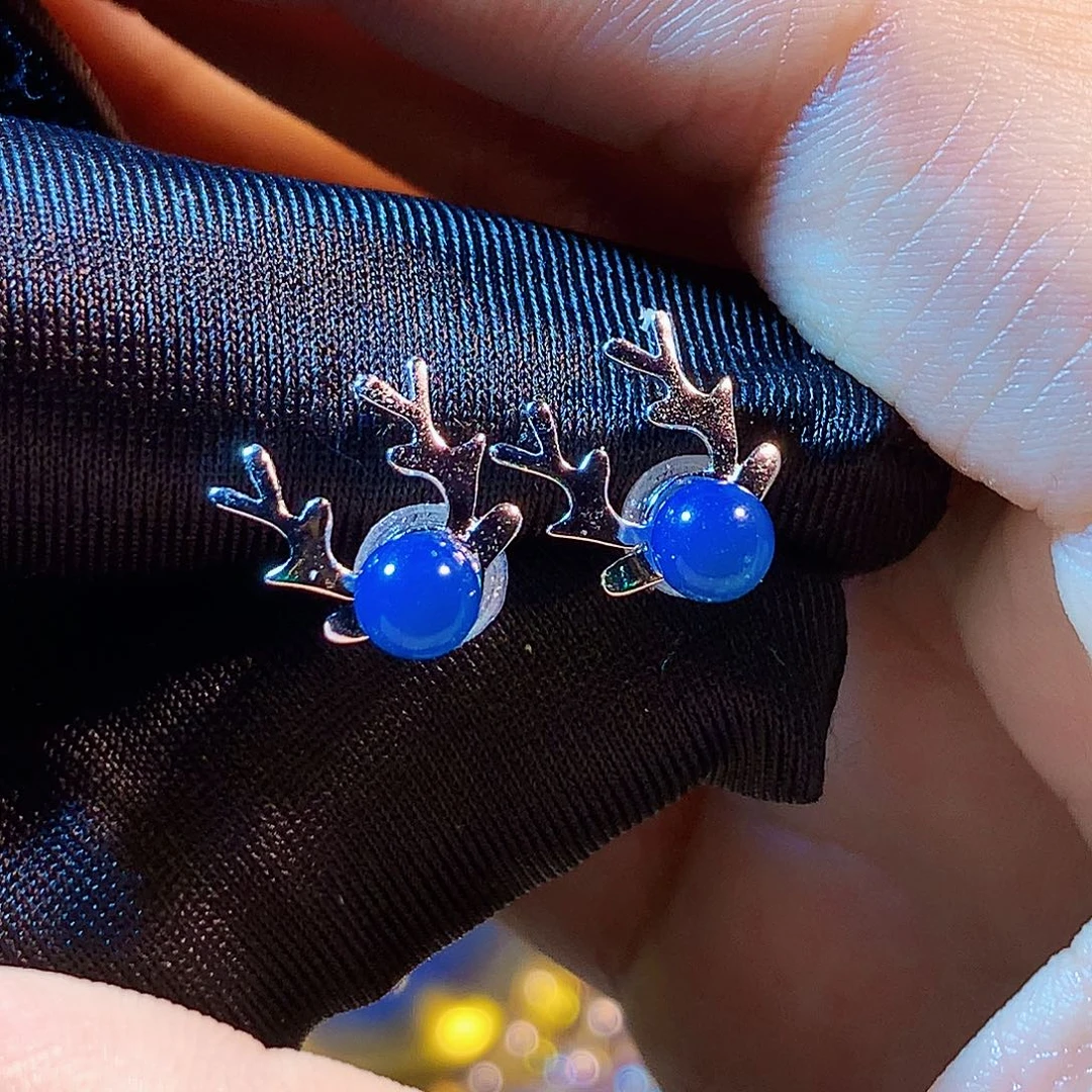 蓝珀银S925镀金镶嵌裸石多米耳钉