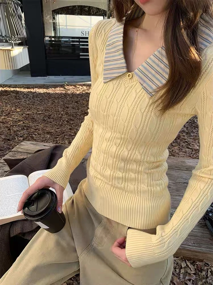 韩系学院风翻领黄色麻花毛衣针织衫女秋冬绞花假两件内搭打底上衣