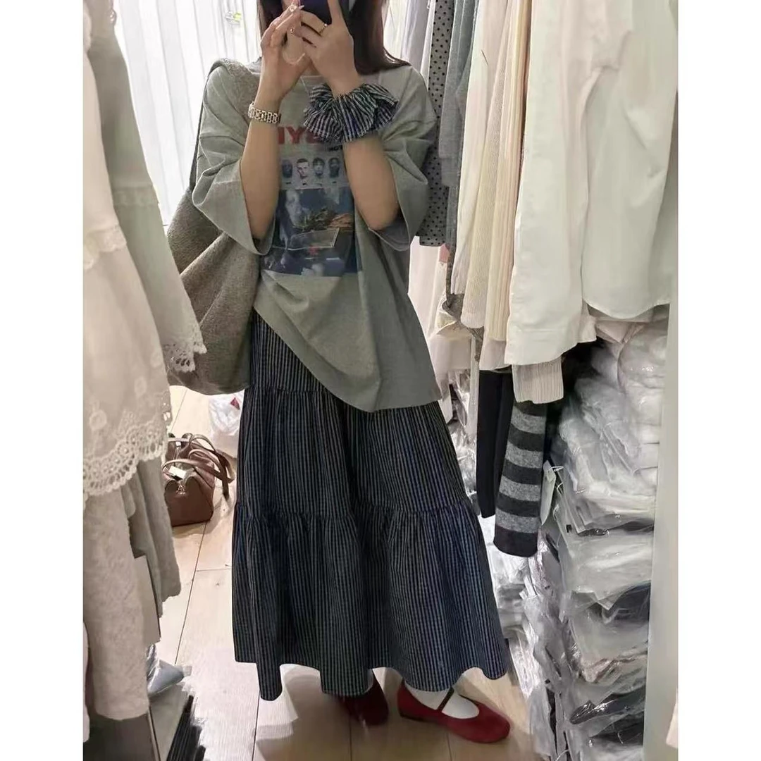 A东大门印花T恤+格纹松紧腰半身裙A字韩系字母短袖两件套9051#