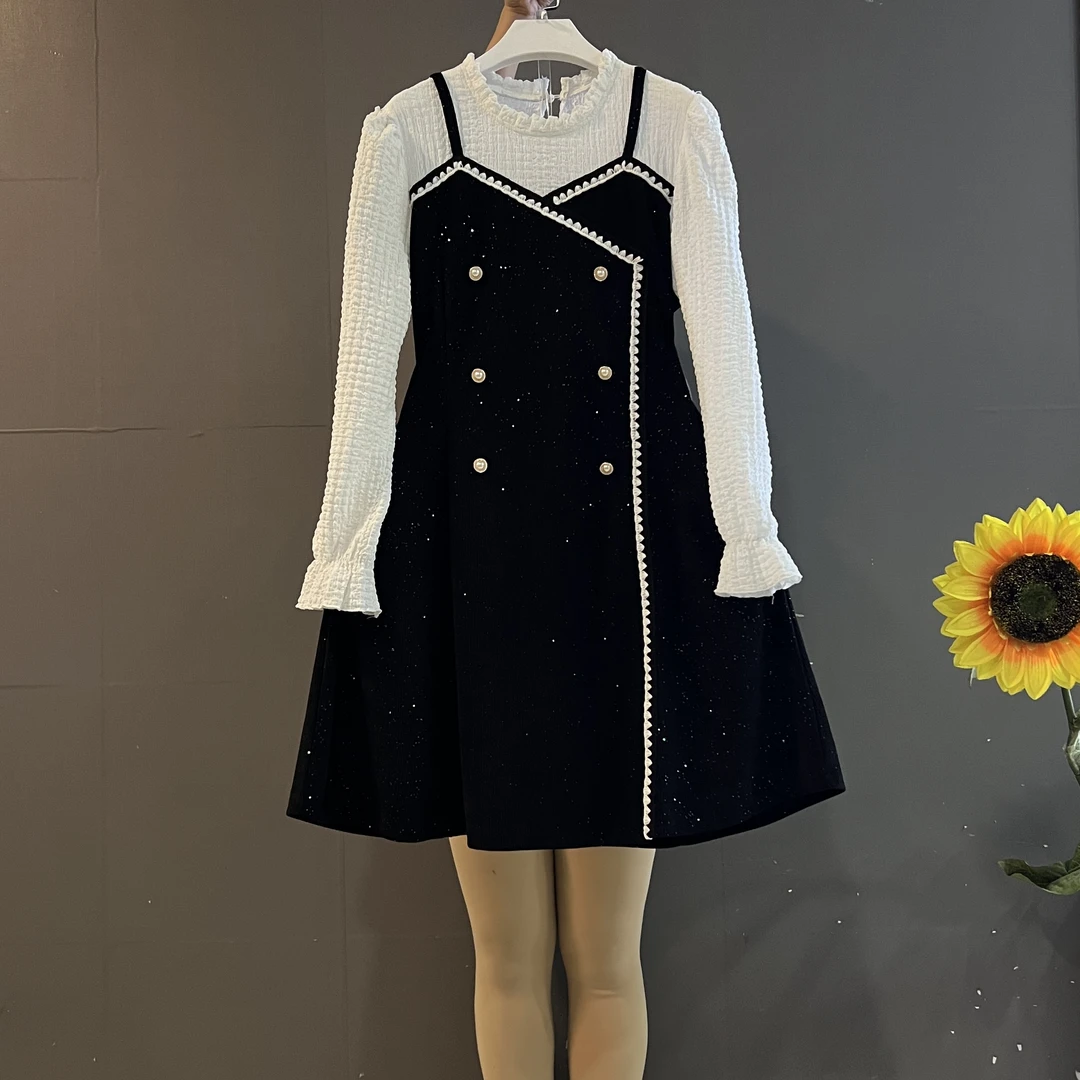 新款法式气质假两件拼接蕾丝领收腰显瘦长袖时尚连衣裙