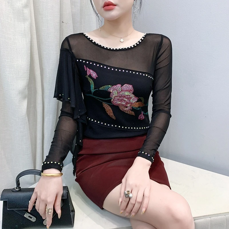 广场舞上衣舞蹈服恰恰舞玫瑰花朵网纱拼接飘带小衫交谊舞演出服女