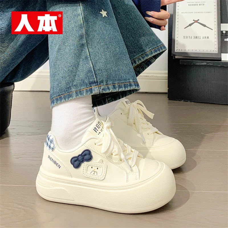 人本女鞋学生校园风小白鞋2026春季新款厚底增高鞋小众个性休闲鞋
