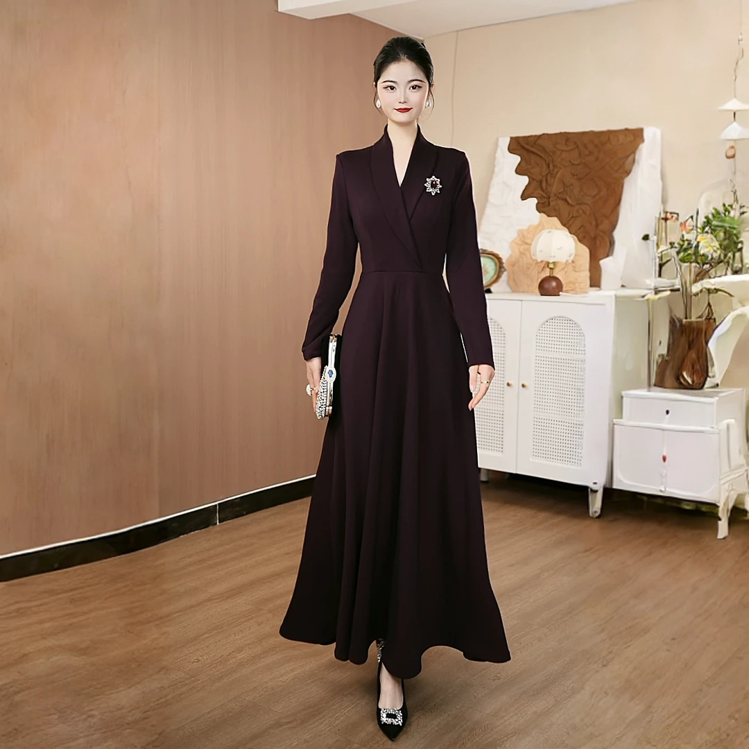 酱紫色长裙显瘦西装领青果领V领连衣裙长款过膝名媛晚长袖复古