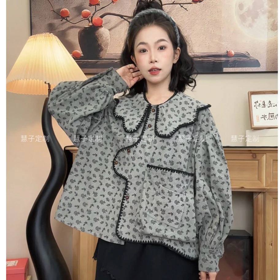慧子“灰色印记” 原创娃娃领大口袋灯笼袖专机线条高级质感上衣