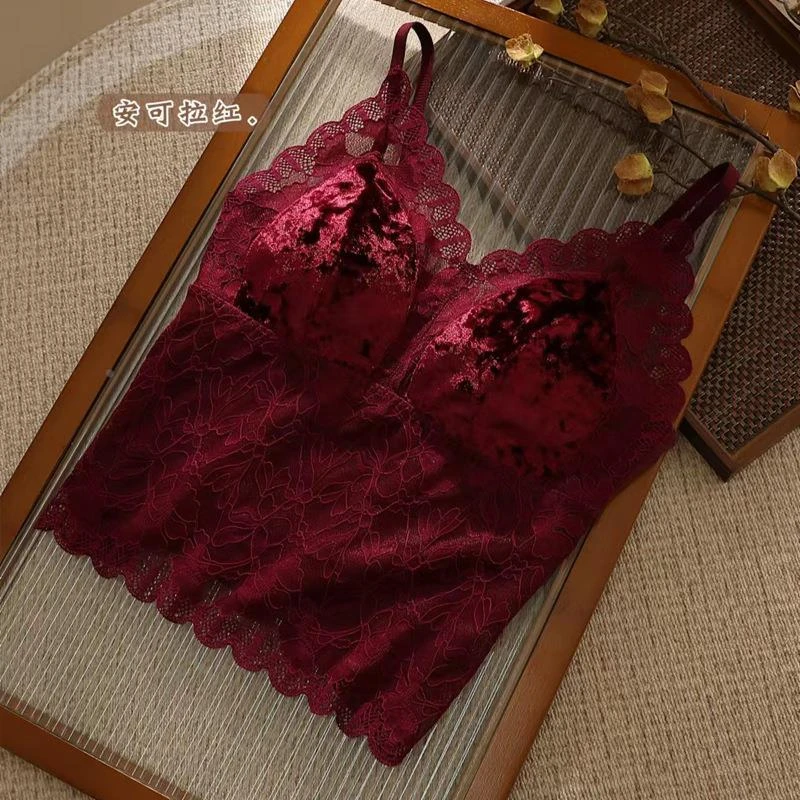 纯欲风金丝绒蕾丝吊带背心女秋冬内搭带胸垫美背性感打底无袖上衣