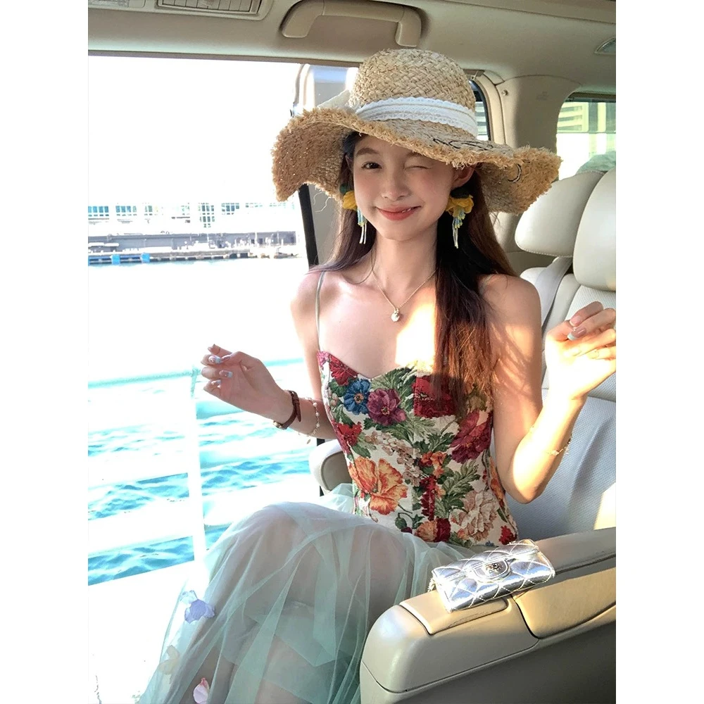 法式浪漫提花胸衣花朵鱼尾裙度假风碎花吊带连衣裙女2025夏季新款