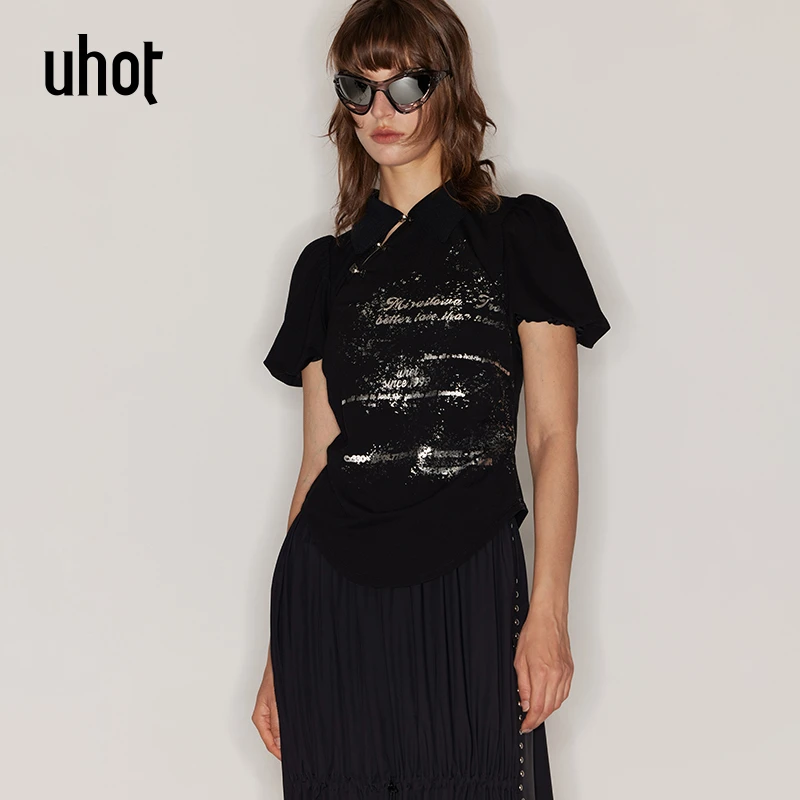 UHOT 黑色印花泡泡袖新中式盘扣设计旗袍领上衣收腰显瘦UWFR2N361
