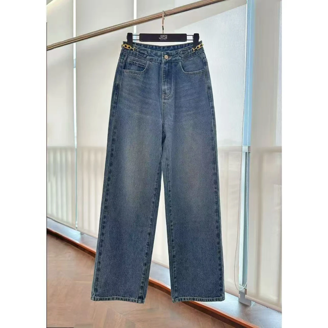 JISI  链条高腰直筒牛仔裤-KZ25784A