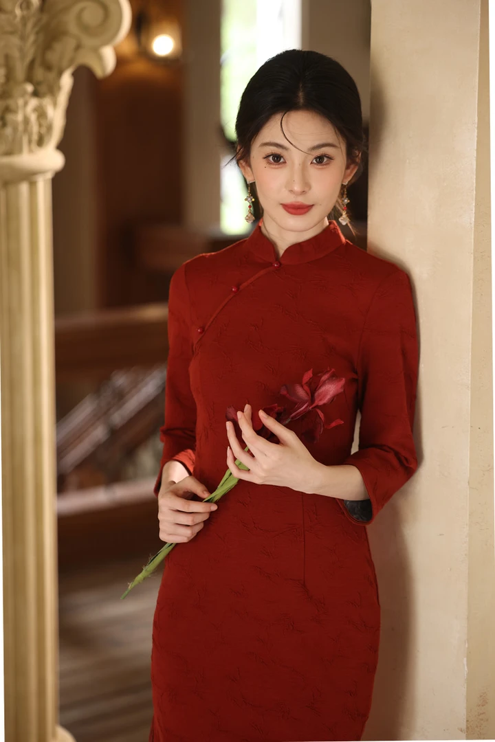 日常新中式红色回门新娘中袖旗袍复古设计结婚订婚礼服敬酒连衣裙