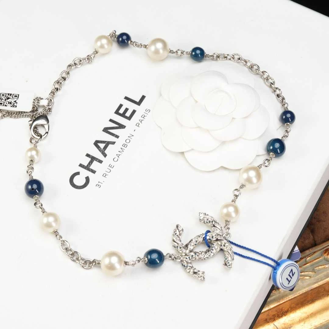 95新 Chanel/香奈儿 柚礼中古/香奈儿蓝白珍珠双c项链LN509010