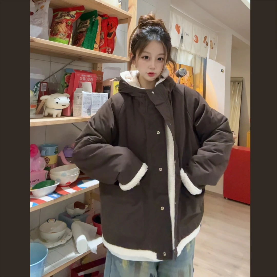 【妮妮沙】8818冬季新款加厚连帽两面穿棉衣宽松百搭休闲棉服上衣