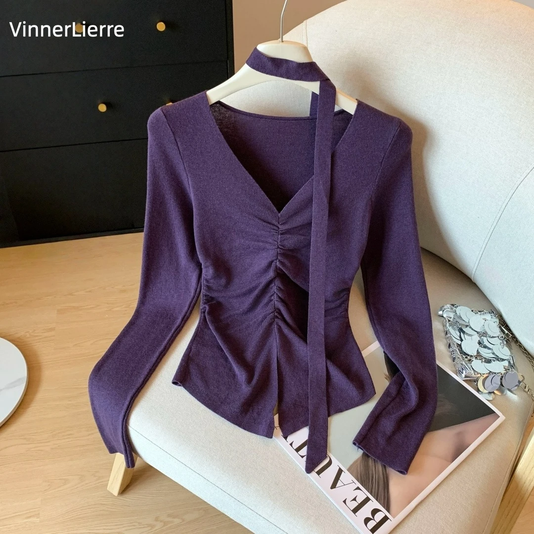 薇妮诺早秋复古甜辣妹飘带v领针织打底衫女内搭褶皱收腰长袖上衣