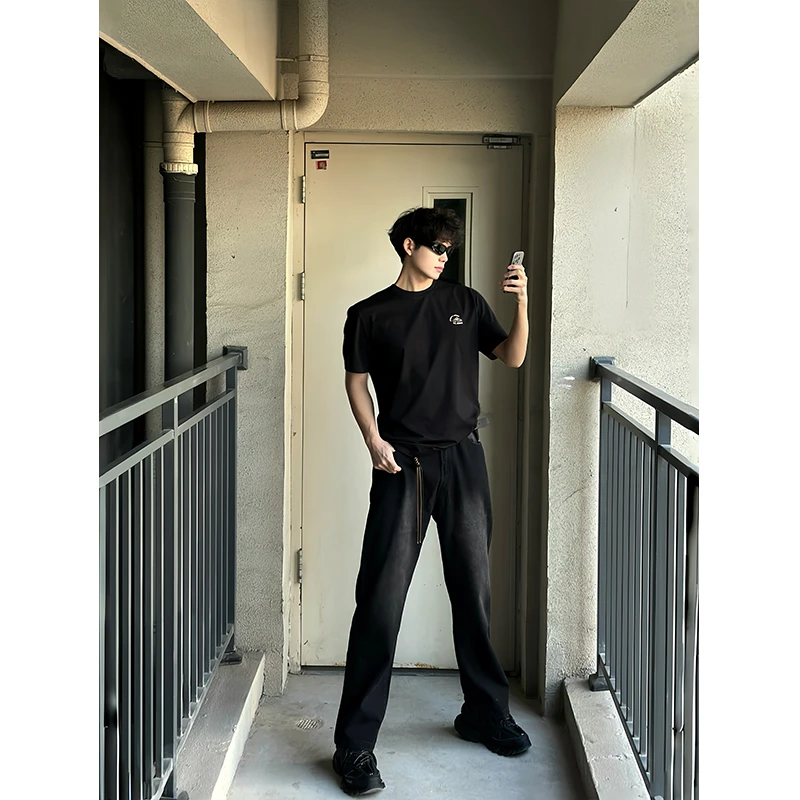 MTVO迈特优黑色牛仔裤男春夏季直筒宽松美式高街阔腿工装休闲裤子