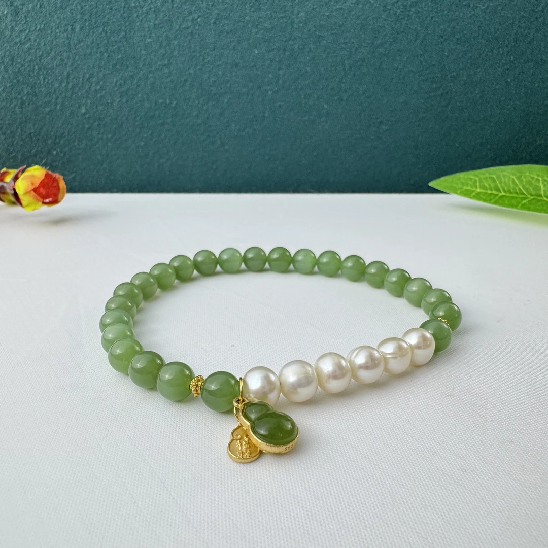 和田玉俄碧手串卡6mm搭配珍珠碧玉葫芦精致大气女士时尚款