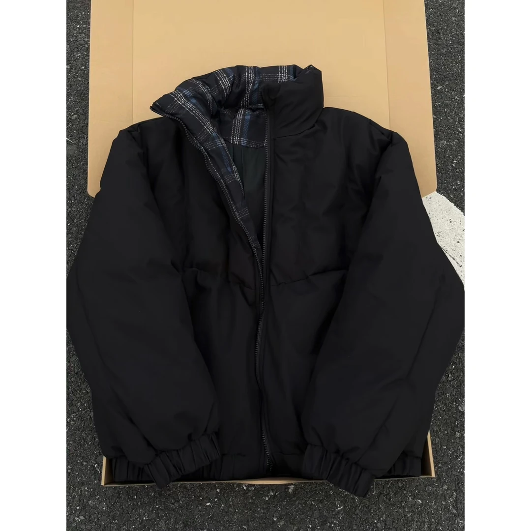 美式复古cleanfit格子拼接立领棉服男女冬季立领宽松保暖棉服外套