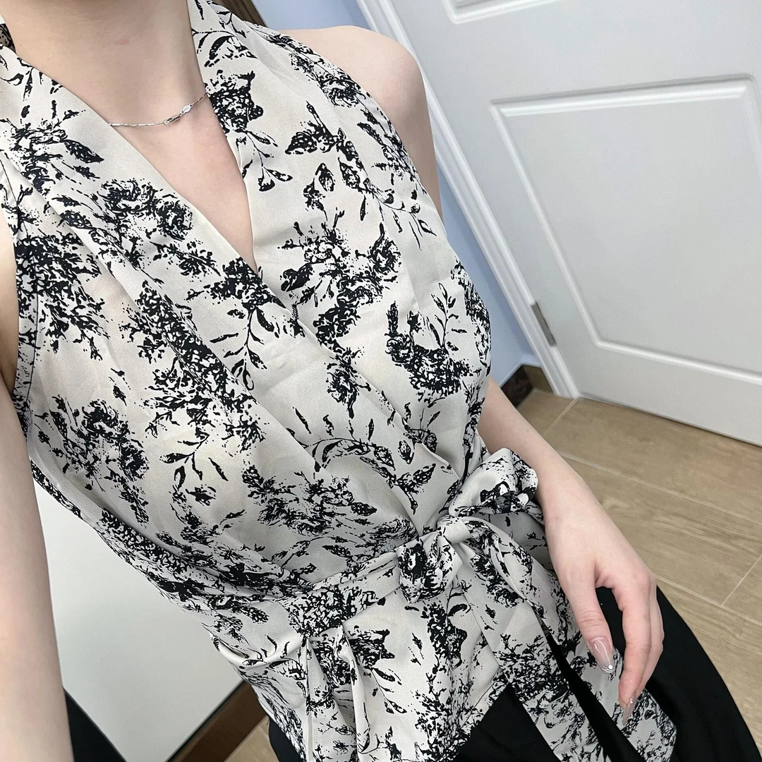 酒窝定制 花色无袖V领背心吊带女夏季2024新款设计感小众百搭上衣