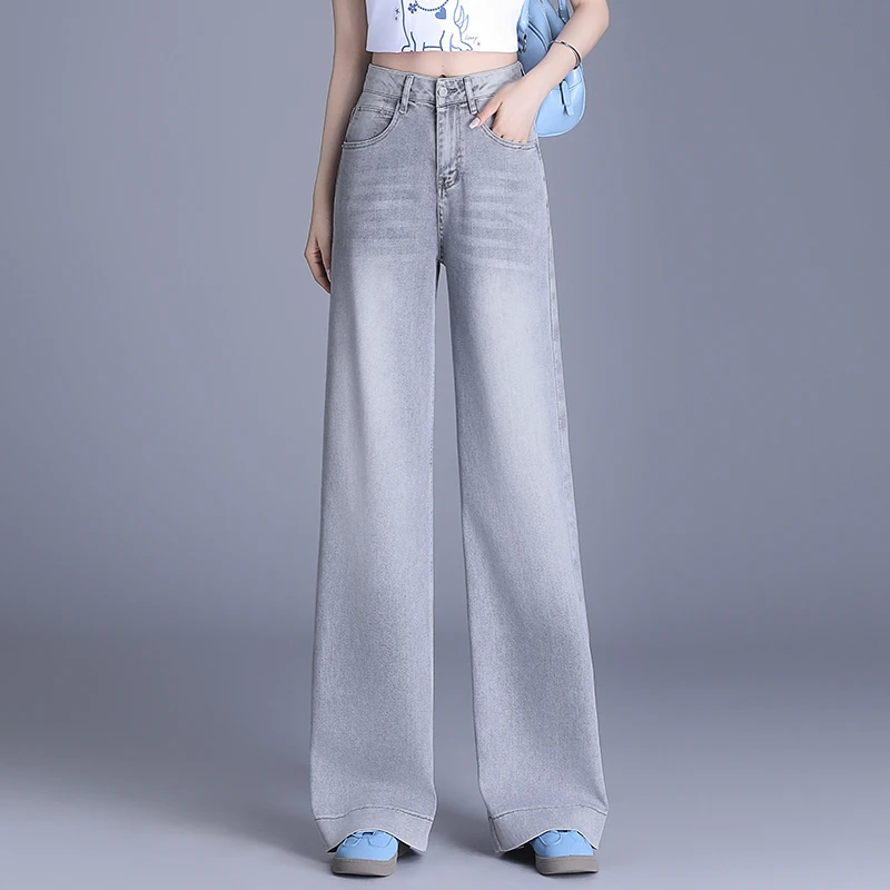 哥弟阿玛施正品烟灰窄版牛仔阔腿裤女2025新款高腰显瘦垂感直筒裤