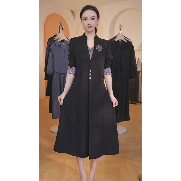 L9555  2025年早秋新款时尚气质优雅假两件收腰显瘦中长款连衣裙