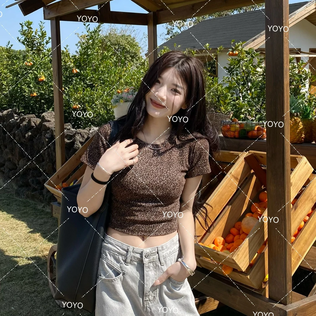 YOYO自制【豹纹T】春夏款辣妹短款性感夏季复古短袖上衣T恤