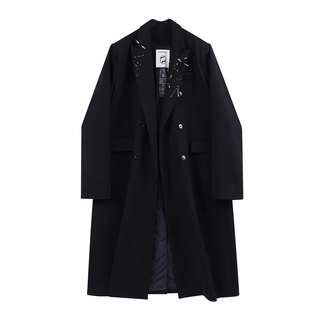 ZOZOKILLA双排扣枪驳领穿刺装饰细节大衣