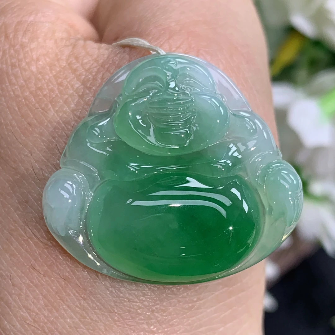 尺寸25.2×27.9×6.1缅甸天然翡翠A货冰润起胶辣阳绿佛公吊坠