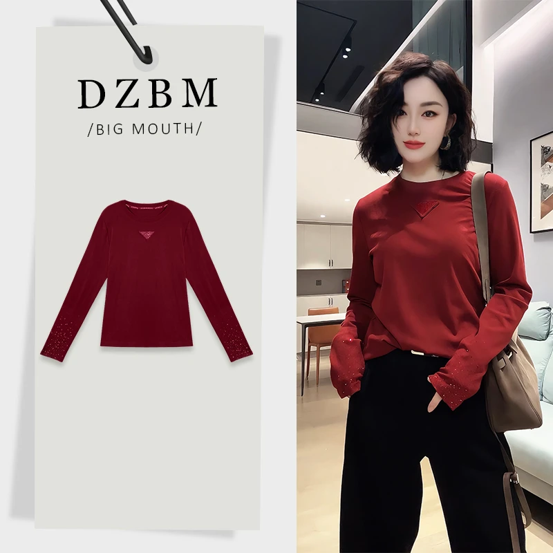 DZBM上衣打底衫长袖百搭黑色女装蕾丝时尚气质烫钻针织衫-S5570