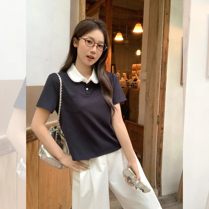 纯色森系宽松型常规短袖透气T恤宽松洋气百搭清凉感显瘦针织短款