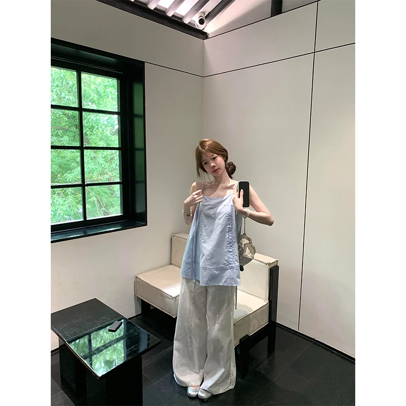 韩系气质休闲衣服女慵懒风夏季设计感蓝色吊带上衣宽松休闲阔腿裤