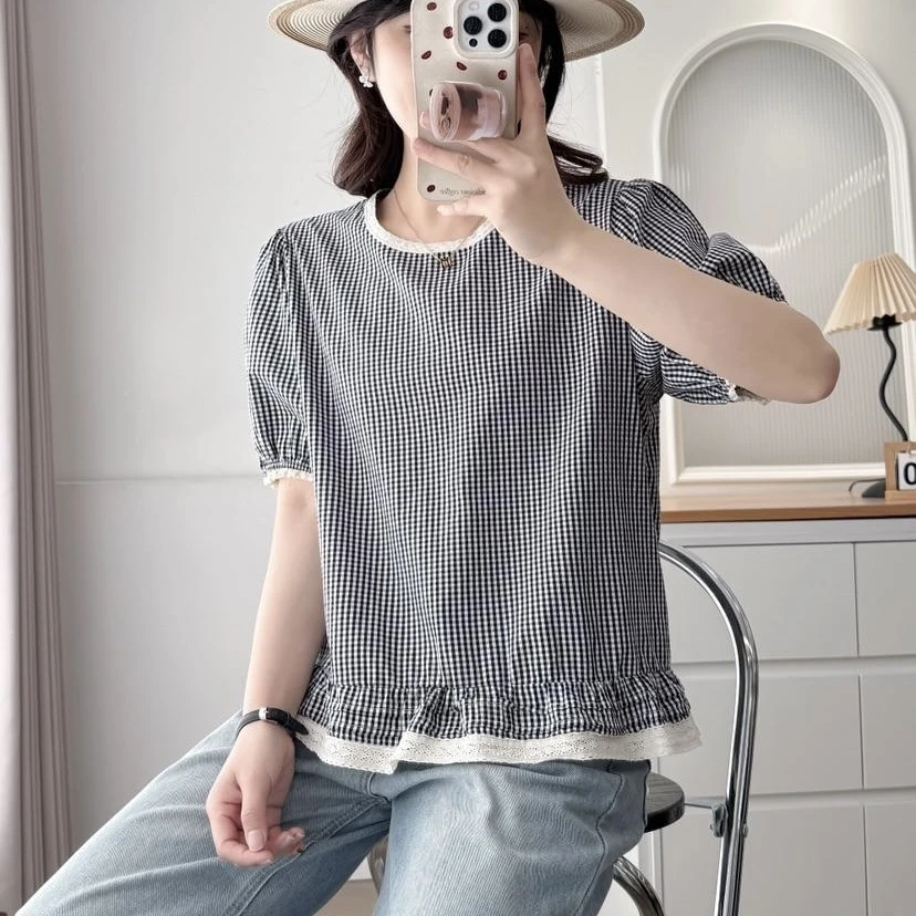 圆领衬衫荷叶边短款女装百搭泡泡袖宽松格子套头上衣显瘦衬衫