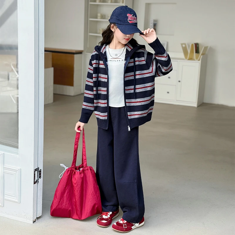 女童秋装拉链毛衣外套套装时髦休闲风2025新款中大童阔腿裤两件套