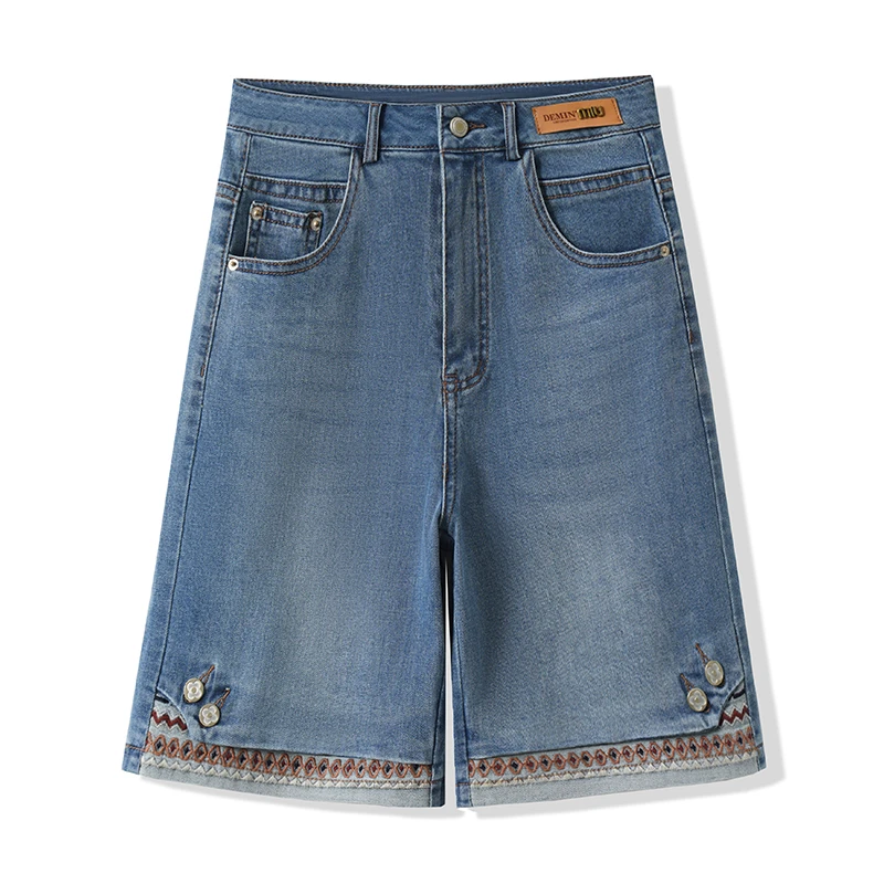 刺绣牛仔短裤女夏季2025新款高腰宽松显瘦五分裤国风a字阔腿中裤