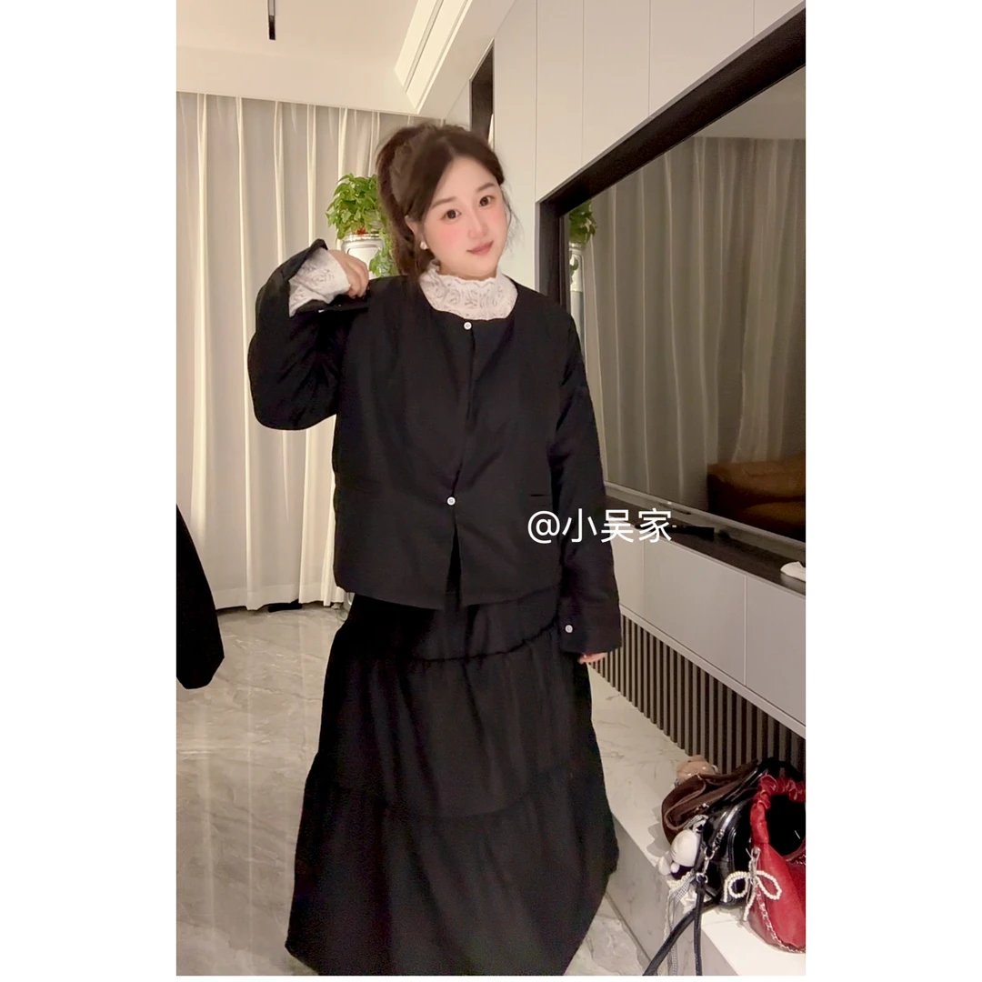 「小吴家」韩系温柔短款棉服外套女冬季新款高腰蛋糕半身裙两件套