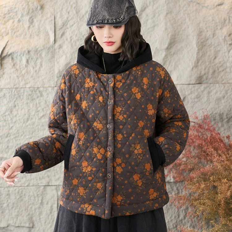 中年妈妈格子碎花新款连帽长袖宽松型棉衣棉服民族风冬季休闲外套