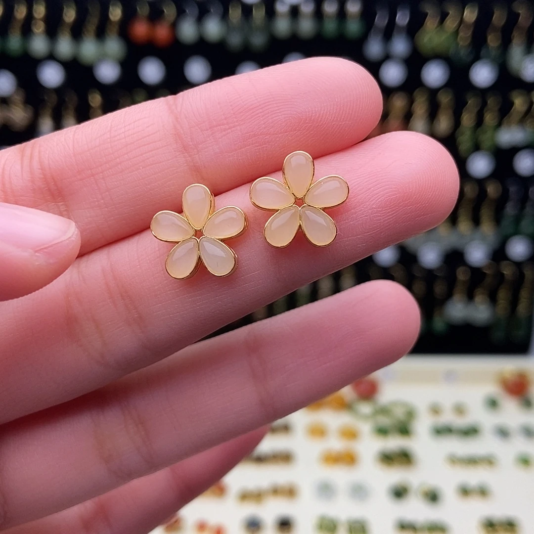 和田玉银S925镀金镶嵌耳饰