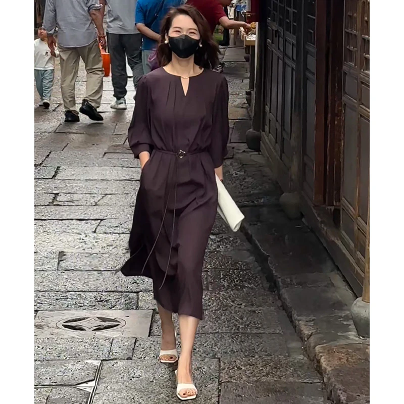 【三羊】夏季新款100桑蚕丝真丝冠乐绉长款连衣裙82598900