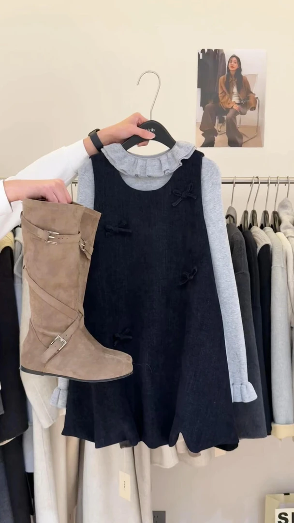 韩系甜美风圆领荷叶边打底衫上衣蝴蝶结背心花苞连衣裙女秋冬套装