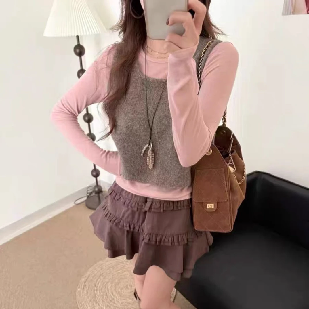 两件套显瘦女长袖秋季时尚短款毛针织衫针织圆领秋冬