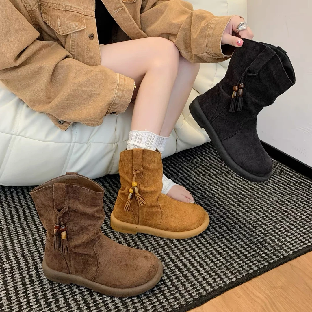 W808-1 西部牛仔靴子女2025新款秋季复古棕色中筒靴低跟美拉德鞋
