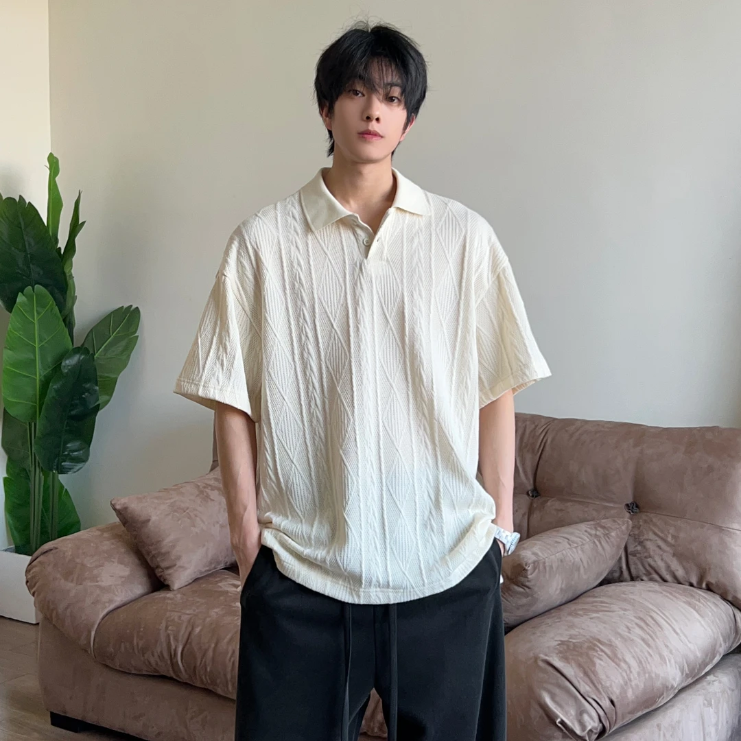 夏季新款T恤男短袖翻领宽松肌理感透气百搭休闲polo针织潮半袖