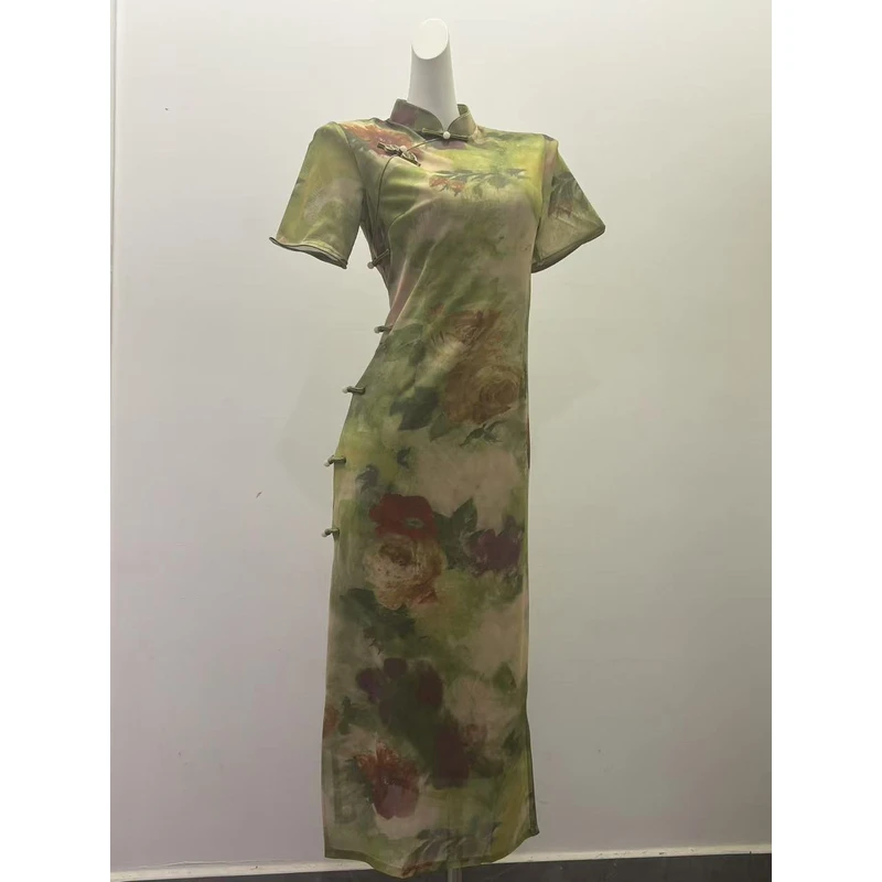0508 草绿色 晕染 黑桃扣 旗袍