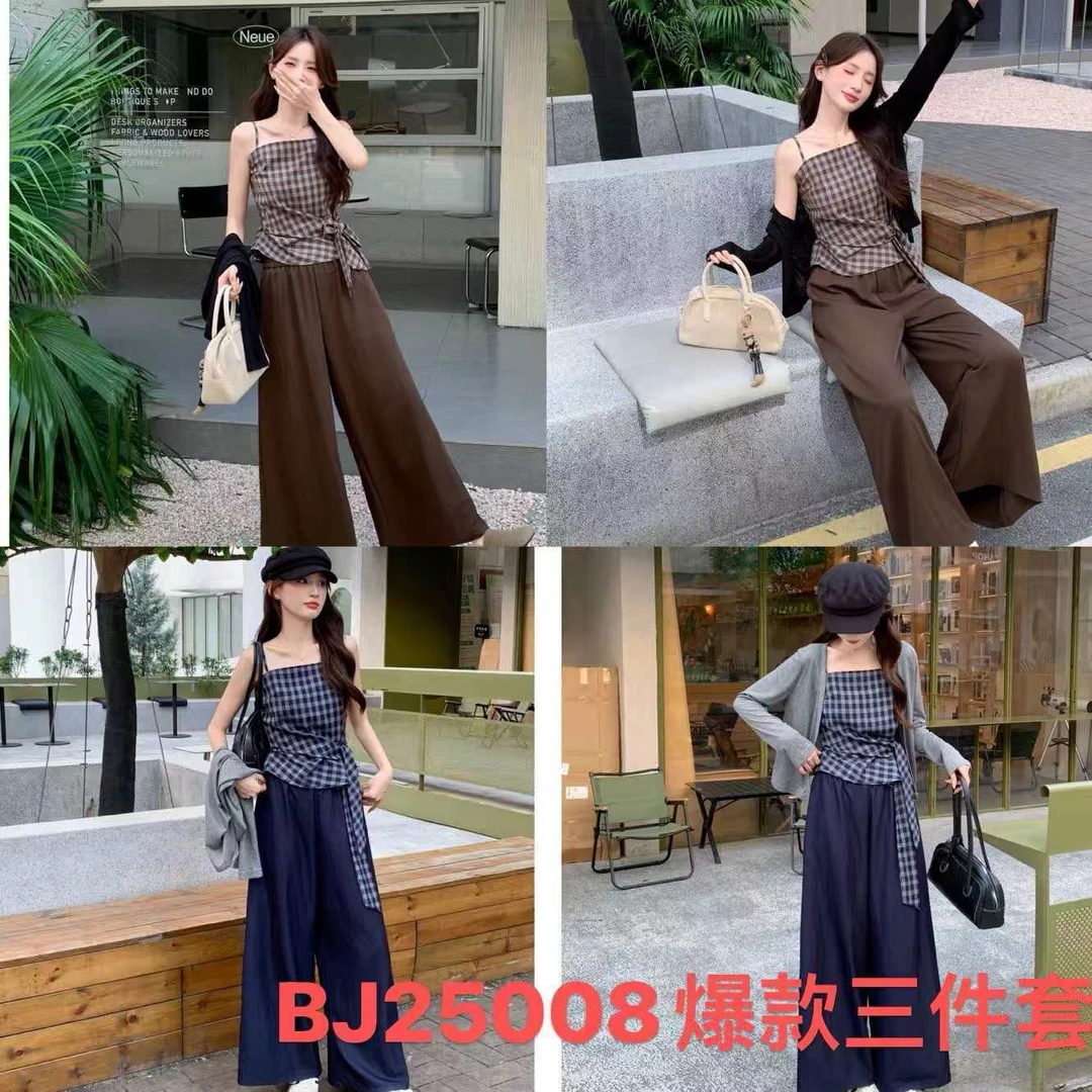 衣凡25008韩系格子修身开衫与高腰阔腿休闲裤套装