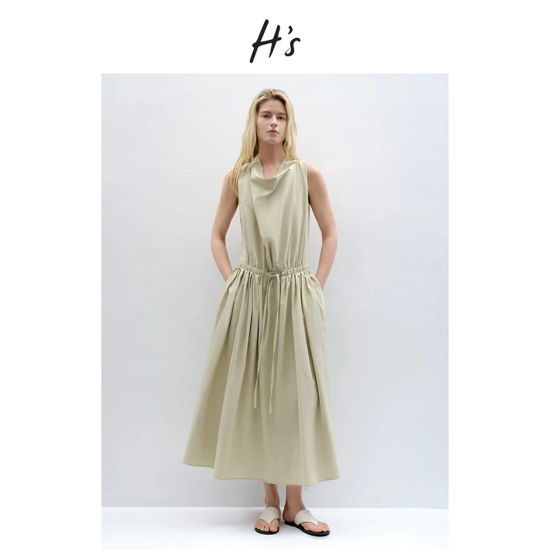 HS莱赛尔连衣裙女25夏新款设计松弛感荡领低腰通勤显瘦外搭气质裙