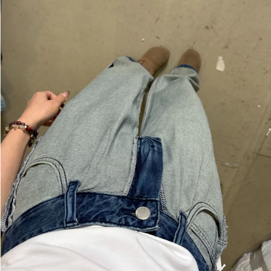 YOYO自制春夏显瘦宽松拼接蓝色水洗牛仔拖地阔腿裤