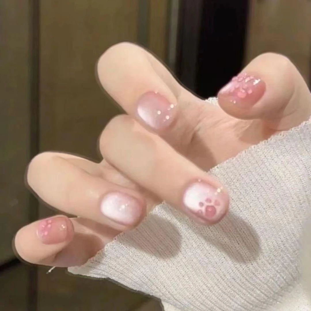 猫爪穿戴甲短款气质猫眼粉嫩指甲新款显白手工穿戴奶冻美甲可拆卸
